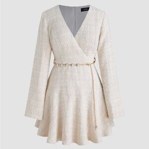 Tweed V-Neck Pearl Mini Dress Cream Small